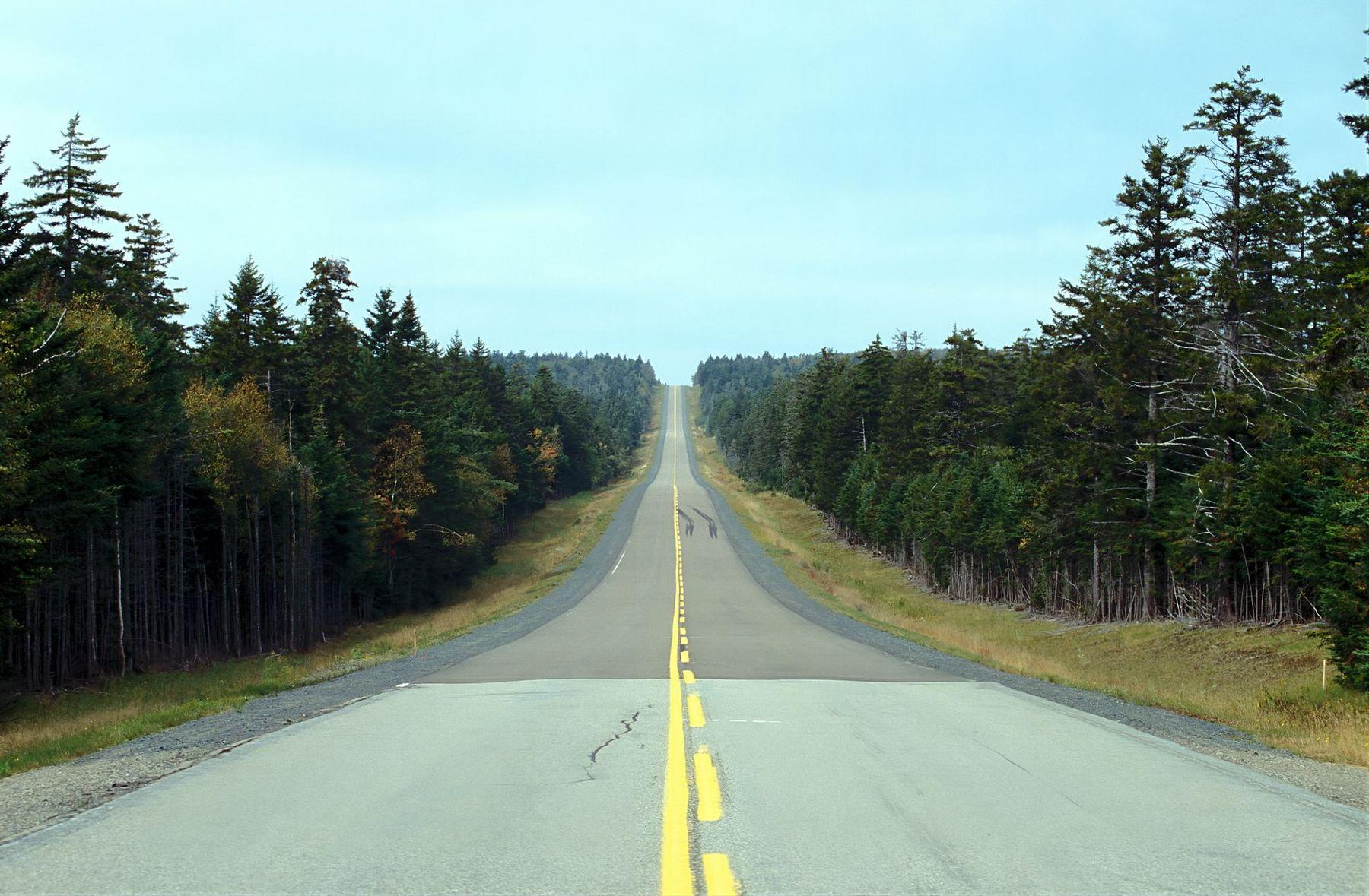 Route droite traversant la forêt boréale.